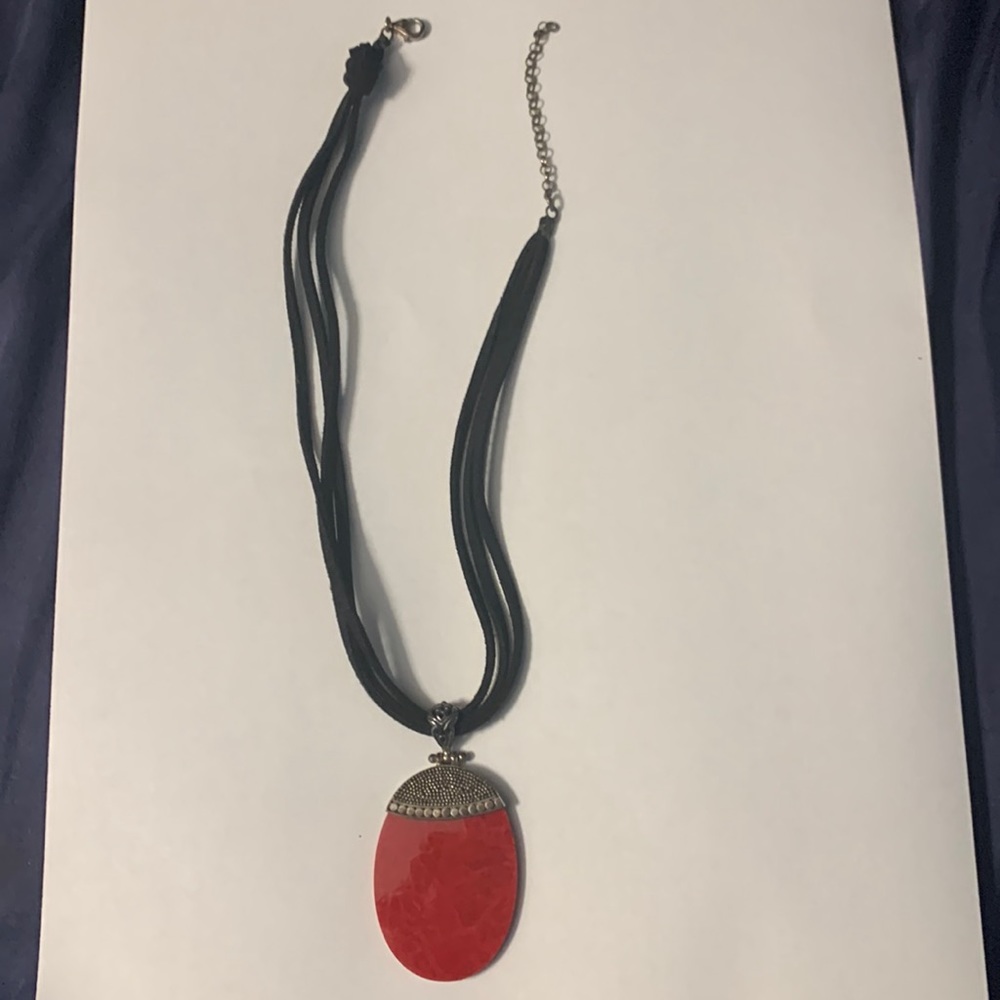 Red/ silver pendant necklace with black leather